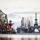 Offshore oil rigs off the coast of Scotland.